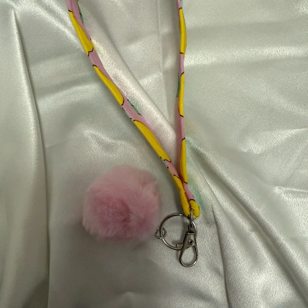 Handmade Colorful Lemon Wristlet Keychain with Light Pink Pompom